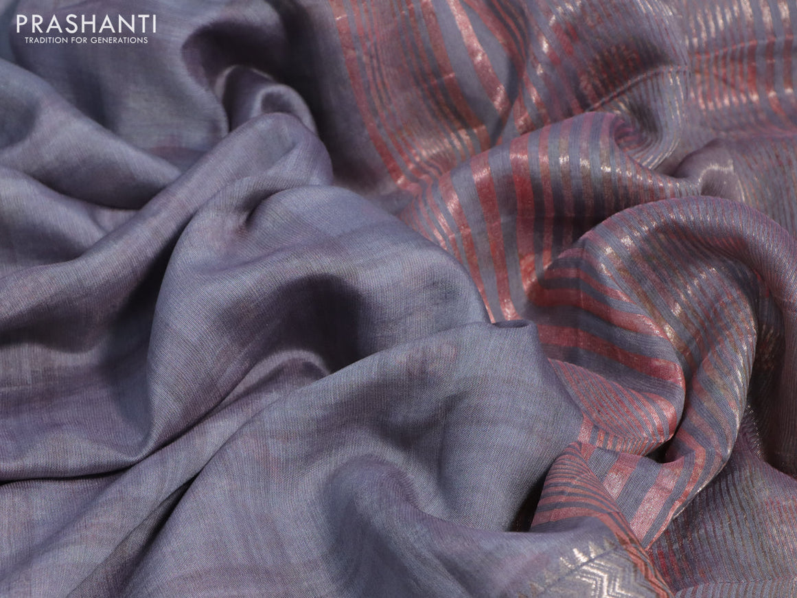 Muslin silk saree grey and off white with checked pattern and rettapet zari woven printed border