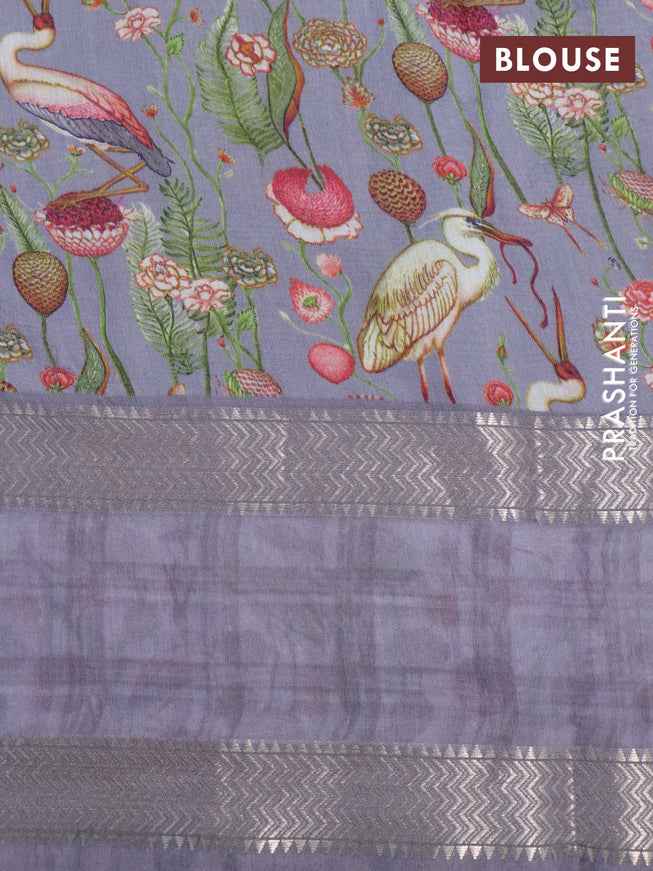 Muslin silk saree grey and off white with checked pattern and rettapet zari woven printed border