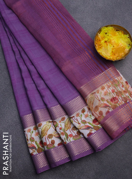 Muslin silk saree violet and off white with checked pattern and rettapet zari woven printed border