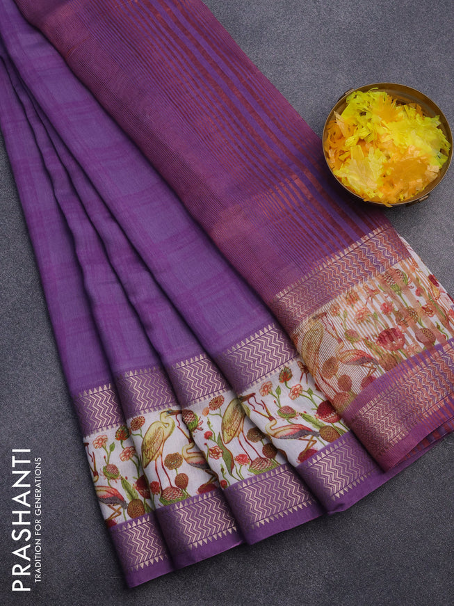 Muslin silk saree violet and off white with checked pattern and rettapet zari woven printed border