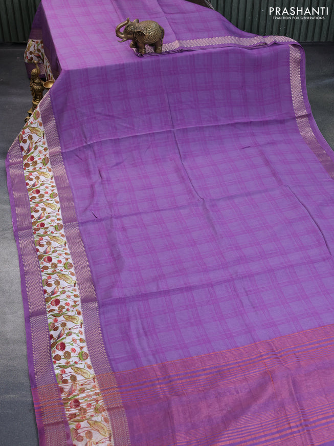 Muslin silk saree violet and off white with checked pattern and rettapet zari woven printed border