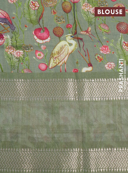 Muslin silk saree green shade and off white with checked pattern and rettapet zari woven printed border