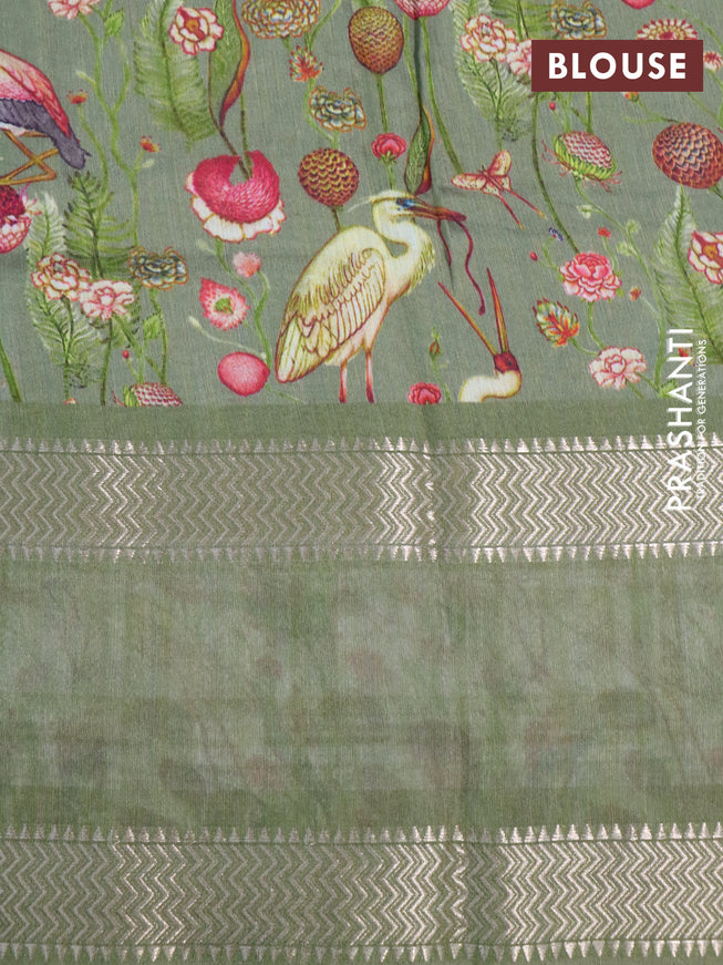 Muslin silk saree green shade and off white with checked pattern and rettapet zari woven printed border