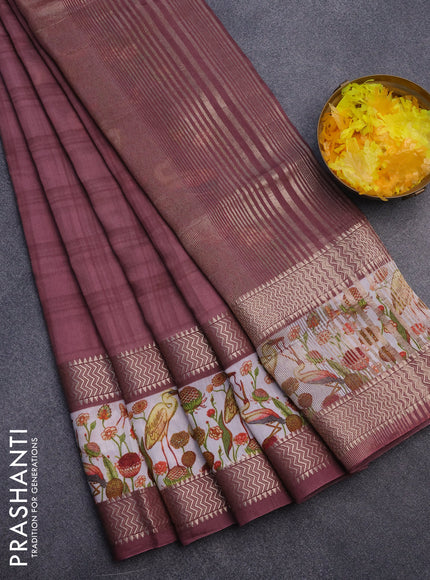 Muslin silk saree pastel maroon shade and off white with checked pattern and rettapet zari woven printed border