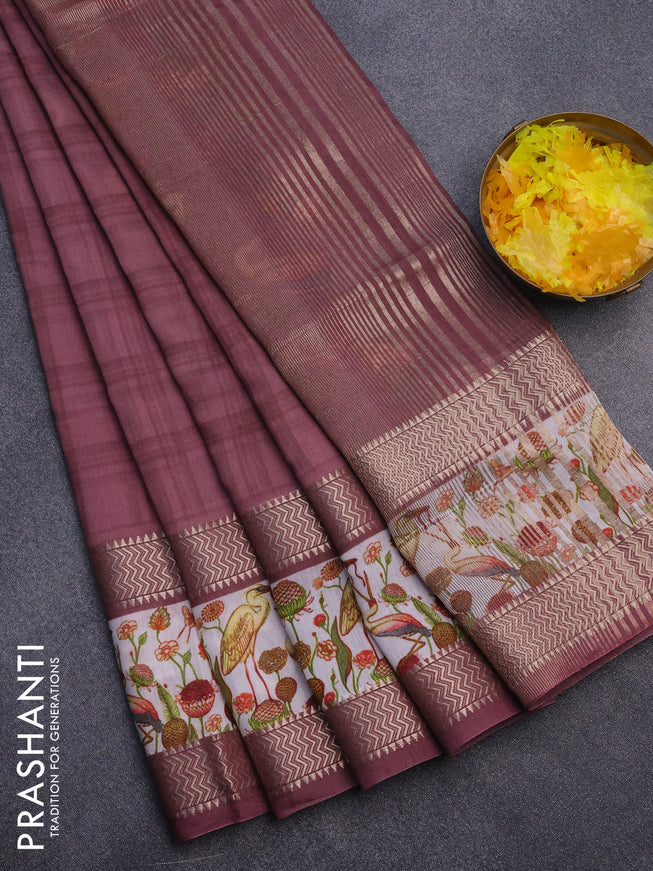 Muslin silk saree pastel maroon shade and off white with checked pattern and rettapet zari woven printed border