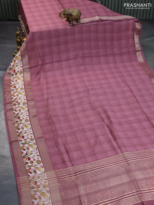 Muslin silk saree pastel maroon shade and off white with checked pattern and rettapet zari woven printed border