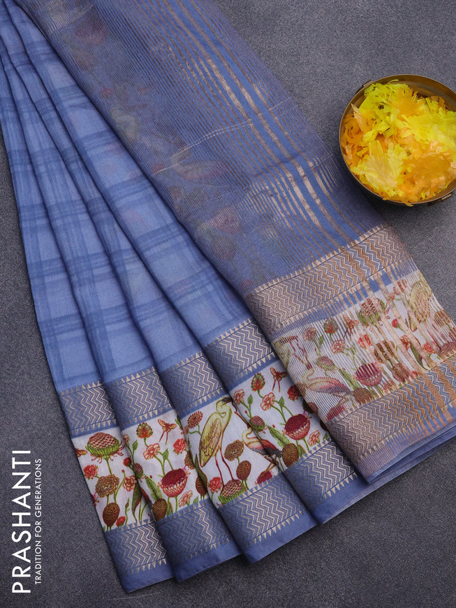 Muslin silk saree blue shade and off white with checked pattern and rettapet zari woven printed border