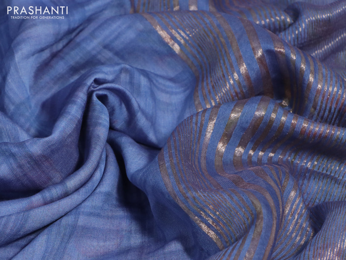 Muslin silk saree blue shade and off white with checked pattern and rettapet zari woven printed border