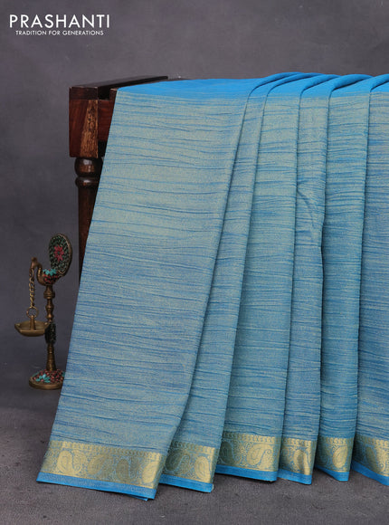 Crushed tissue saree blue with plain body and paisley zari woven border