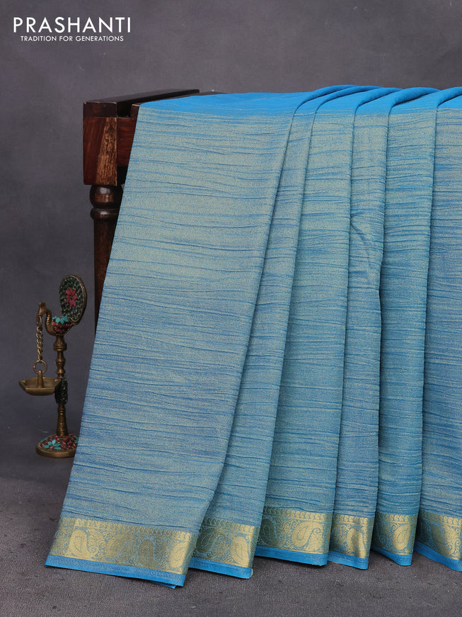 Crushed tissue saree blue with plain body and paisley zari woven border