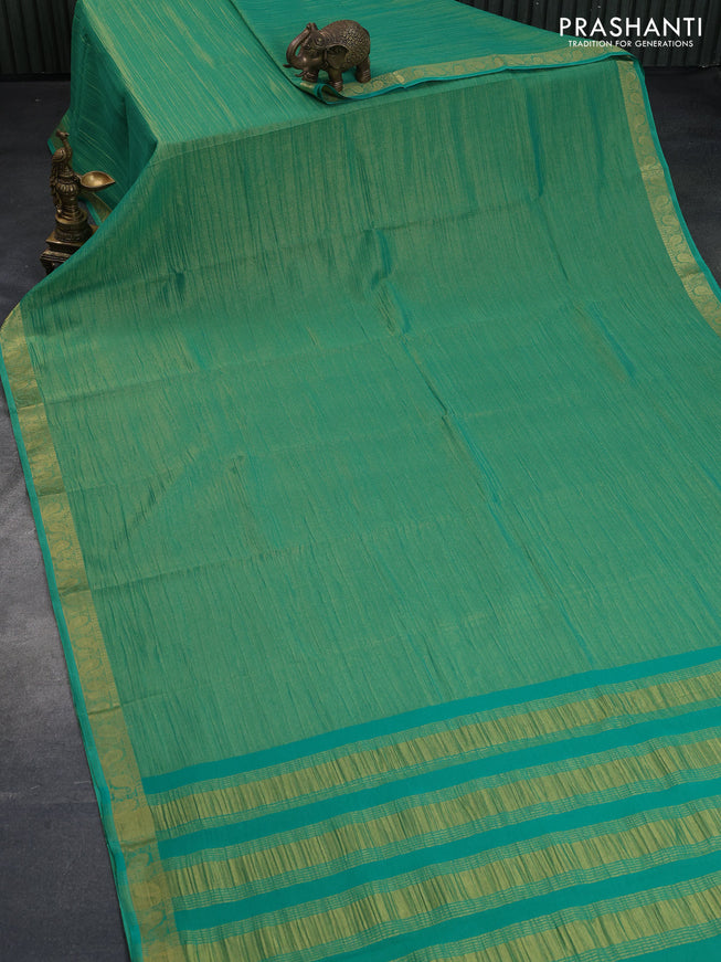 Crushed tissue saree teal green with plain body and paisley zari woven border