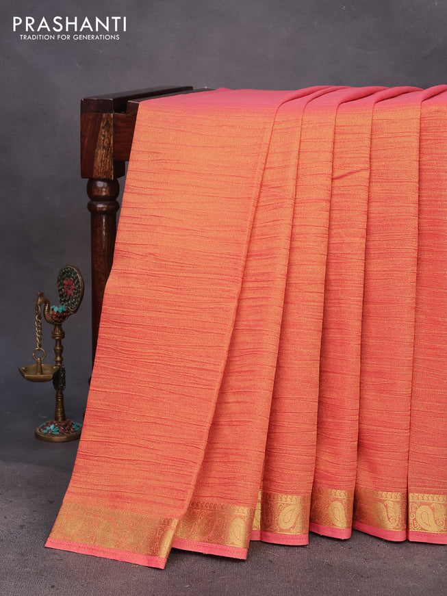 Crushed tissue saree peach pink with plain body and paisley zari woven border