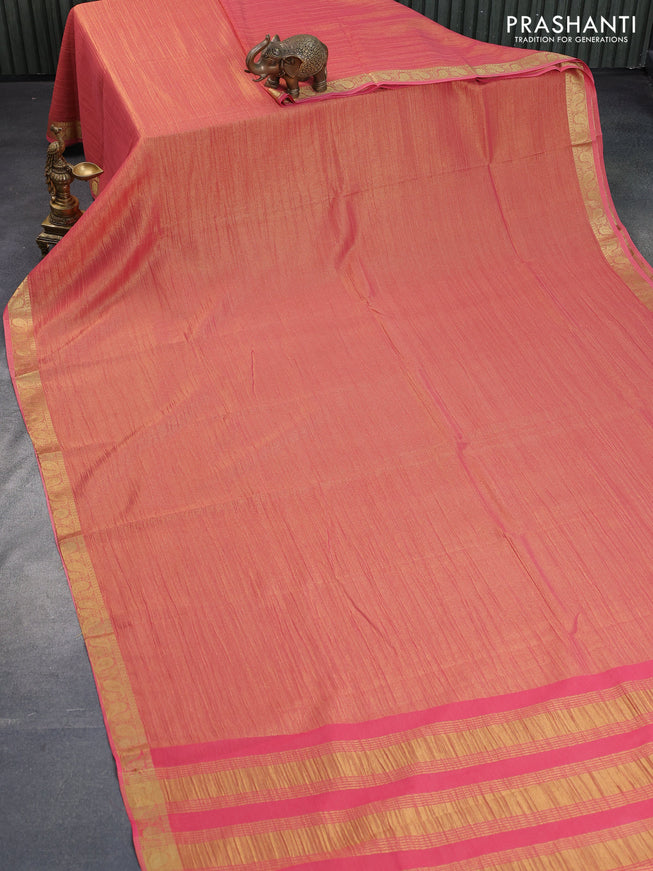 Crushed tissue saree peach pink with plain body and paisley zari woven border