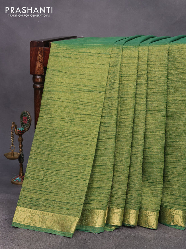 Crushed tissue saree green with plain body and paisley zari woven border