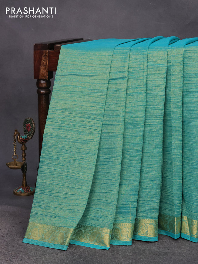 Crushed tissue saree teal blue with plain body and paisley zari woven border