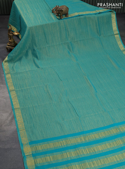 Crushed tissue saree teal blue with plain body and paisley zari woven border