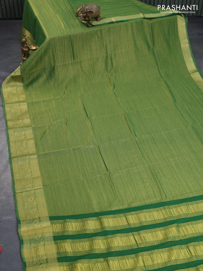 Crushed tissue saree dual shade of green with plain body and zari woven border