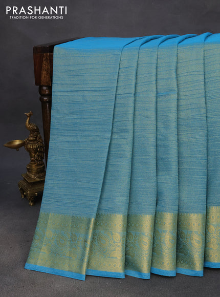 Crushed tissue saree cs blue with plain body and zari woven border