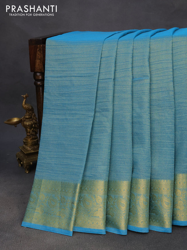 Crushed tissue saree cs blue with plain body and zari woven border