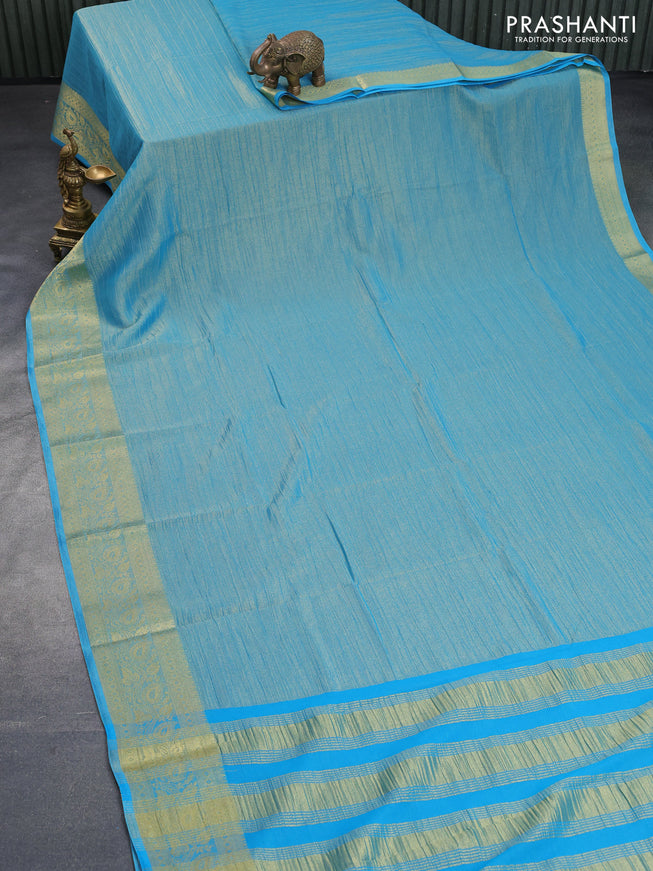 Crushed tissue saree cs blue with plain body and zari woven border