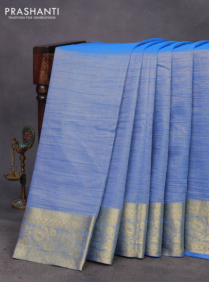 Crushed tissue saree blue with plain body and zari woven border