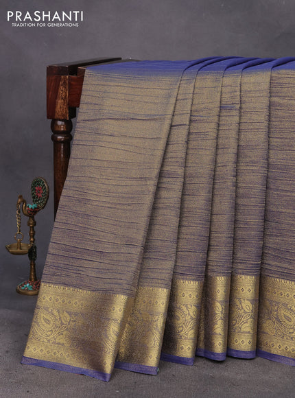 Crushed tissue saree dual shade of dark blue with plain body and zari woven border