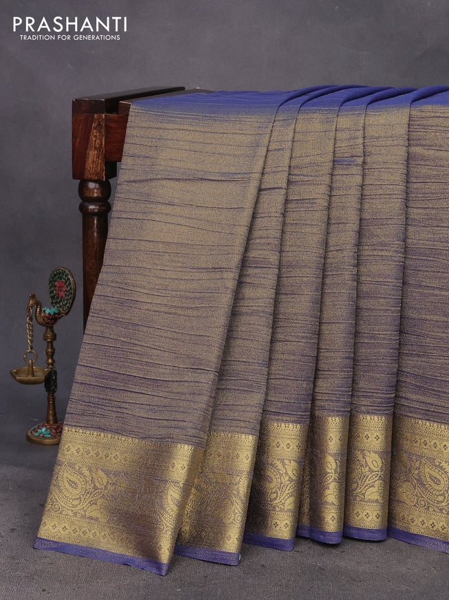 Crushed tissue saree dual shade of dark blue with plain body and zari woven border