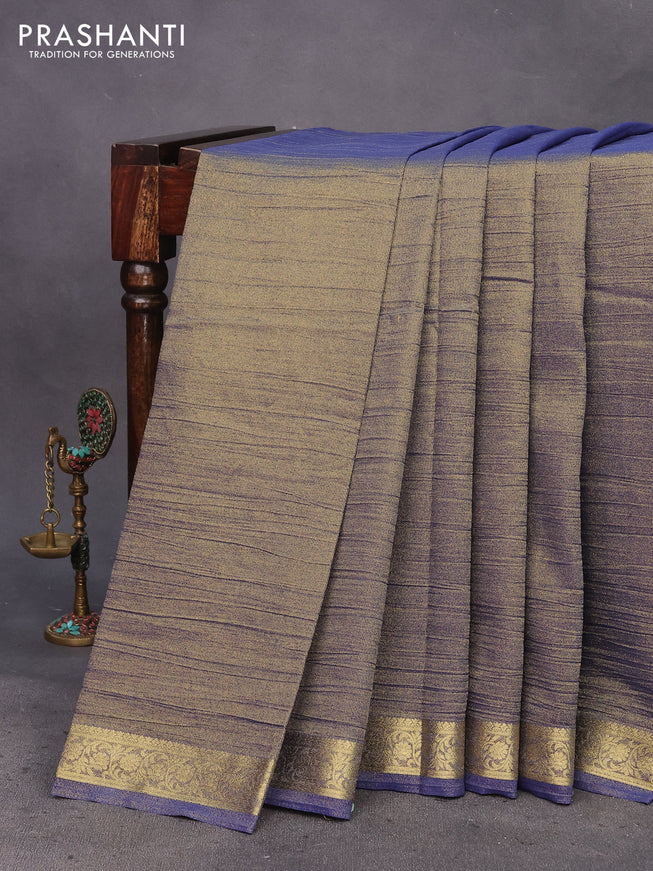 Crushed tissue saree blue shade with plain body and zari woven border