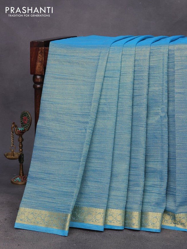 Crushed tissue saree cs blue with plain body and zari woven border