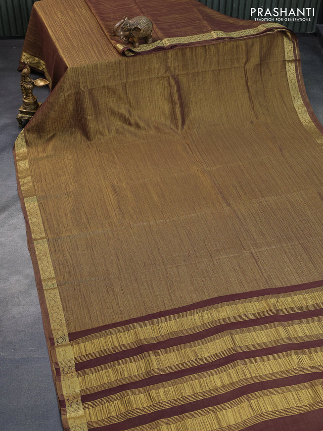 Crushed tissue saree gold and wine shade with plain body and zari woven border