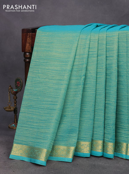 Crushed tissue saree teal blue with plain body and zari woven border