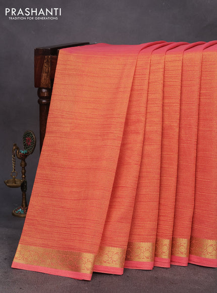 Crushed tissue saree peach pink with plain body and zari woven border