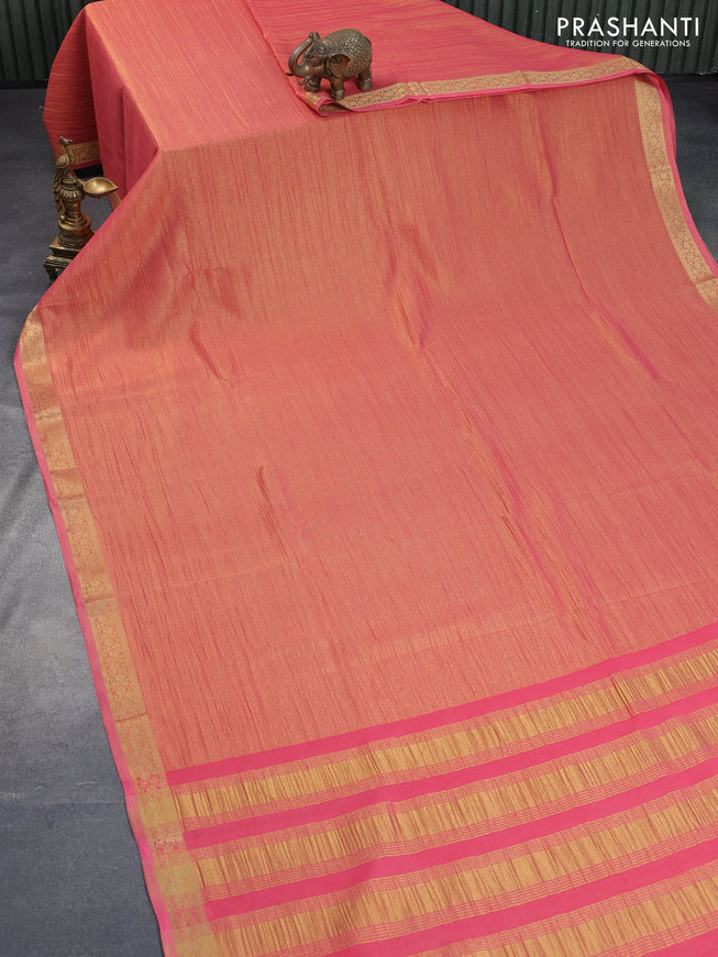 Crushed tissue saree peach pink with plain body and zari woven border