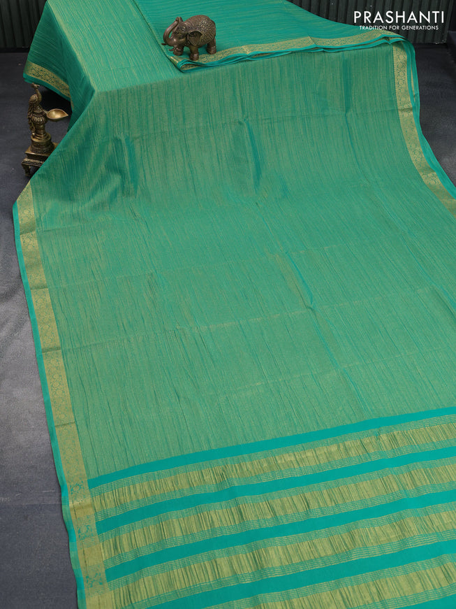 Crushed tissue saree teal green with plain body and zari woven border