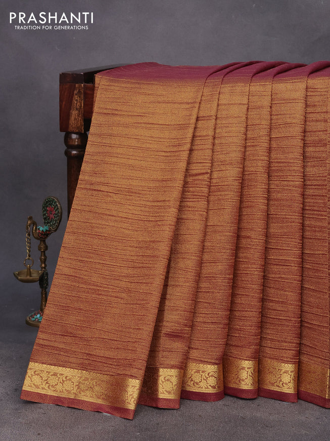 Crushed tissue saree gold and wine shade with plain body and zari woven border