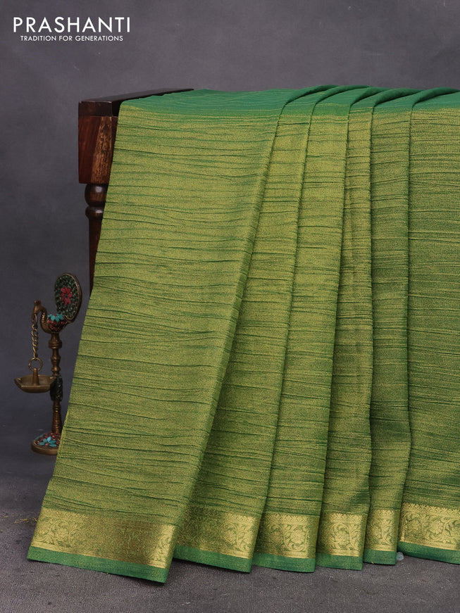 Crushed tissue saree green with plain body and zari woven border