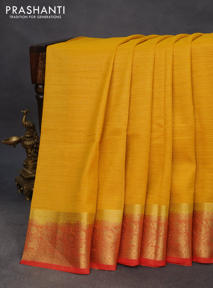 Crushed tissue saree mustard yellow and red with plain body and zari woven border