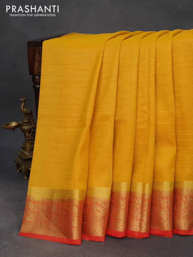 Crushed tissue saree mustard yellow and red with plain body and zari woven border