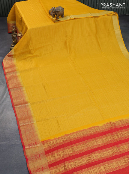 Crushed tissue saree mustard yellow and red with plain body and zari woven border