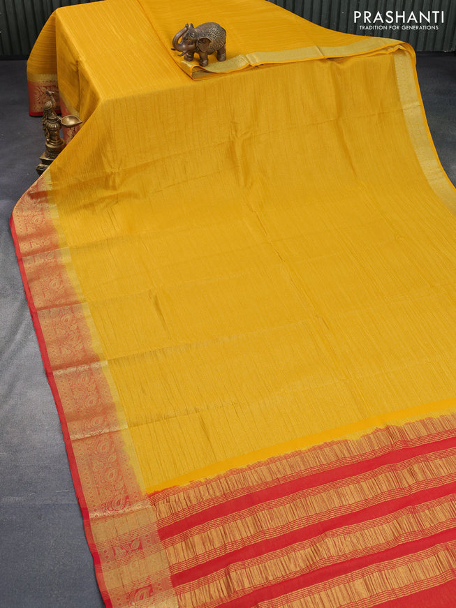 Crushed tissue saree mustard yellow and red with plain body and zari woven border