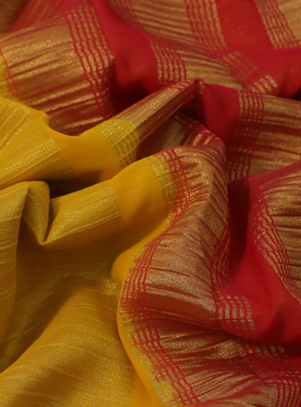 Crushed tissue saree mustard yellow and red with plain body and zari woven border