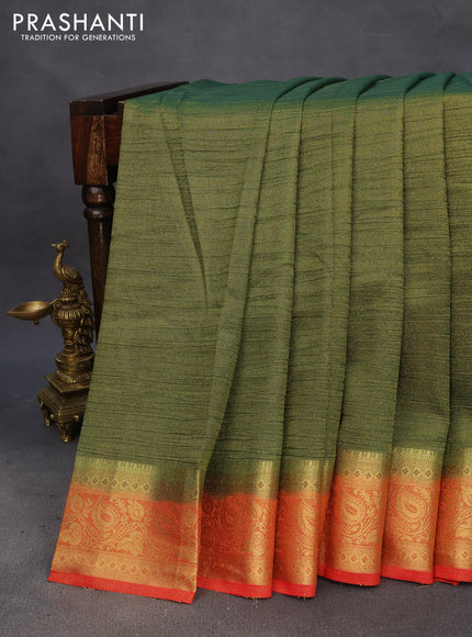 Crushed tissue saree green and red with plain body and zari woven border