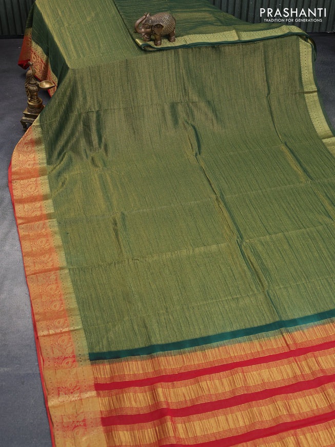 Crushed tissue saree green and red with plain body and zari woven border