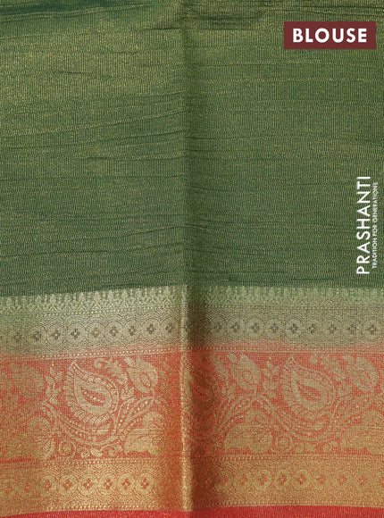 Crushed tissue saree green and red with plain body and zari woven border