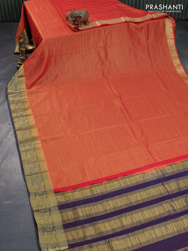 Crushed tissue saree red and blue with plain body and zari woven border