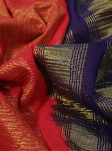 Crushed tissue saree red and blue with plain body and zari woven border