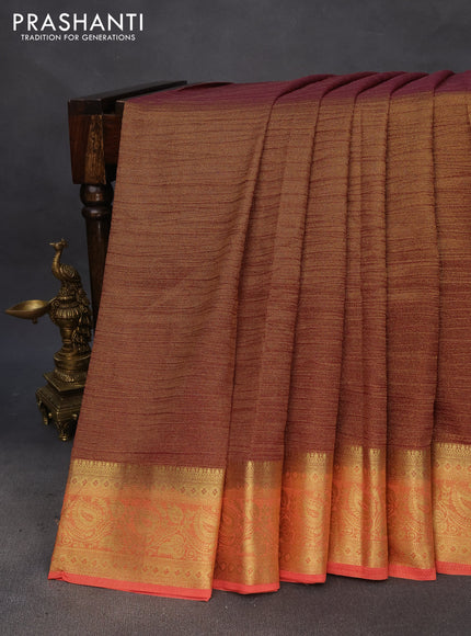 Crushed tissue saree wine shade and peach pink with plain body and zari woven border