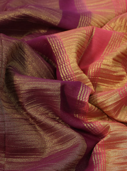 Crushed tissue saree wine shade and peach pink with plain body and zari woven border