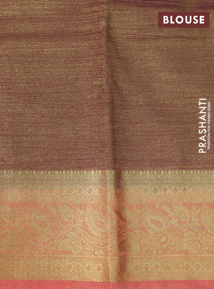 Crushed tissue saree wine shade and peach pink with plain body and zari woven border