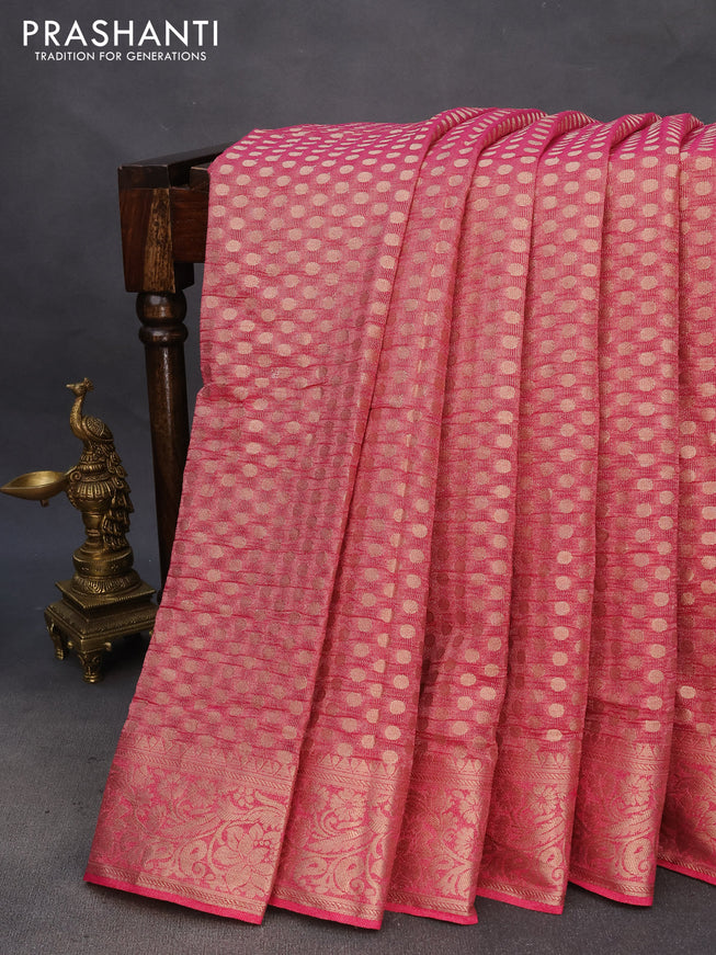 Crushed tissue saree pink with allover zari woven buttas and zari woven floral border